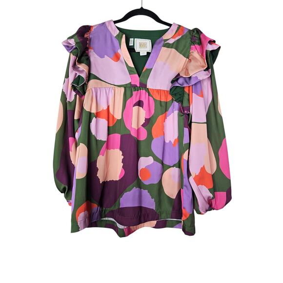 Emily McCarthy Tops - Emily McCarthy XS Preppy Blouse Top Casual Career Glam Ruffle Shoulder Abstract